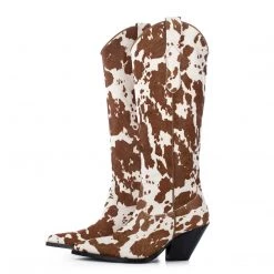 TORAL WHITE BROWN LEATHER TALL BOOTS WITH ANIMAL PRINT
